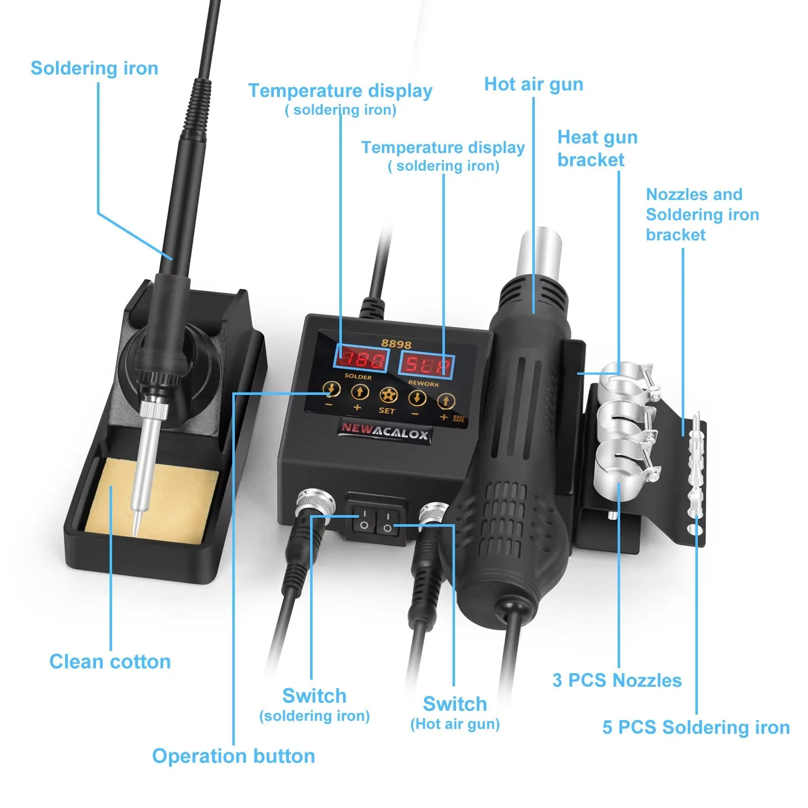 PCB IC 수리 납땜 다리미 도구, 2 in 1 납땜 스테이션, 디지털 디스플레이, 핫 에어 건, 용접 재작업, 휴대폰 BGA SMD, 8898