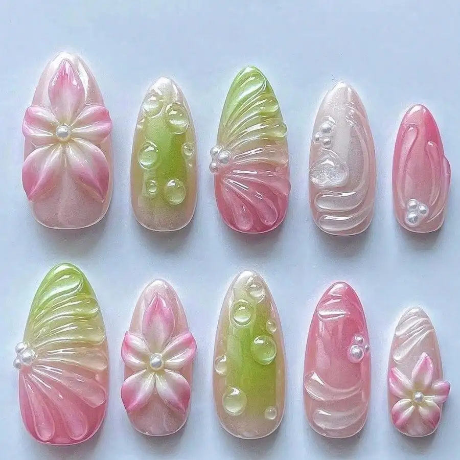 24PCS 3D Handmade Pink Green Gradient Floral Pearl Press On Nails Reusable For Women Girls Daily Party Date