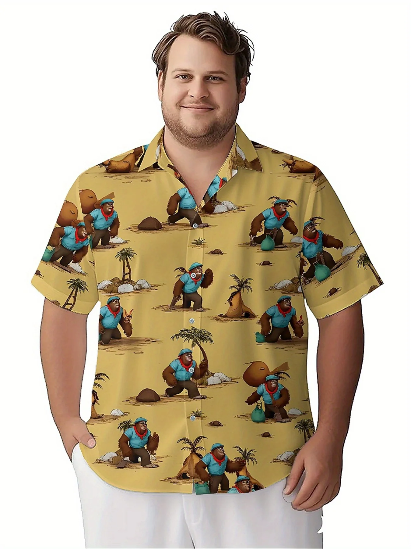 Men's Plus Size Hawaiian Shirts Sasquatch Jungle Adventure Theme pattern, Button Up Shirts, Unisex Casual Clothing, Summer Tops