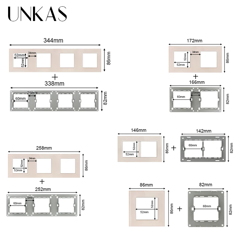 UNKAS Gold Glass Panel Modules DIY Matching Combination Free French EU Socket Dual USB Footlights Curtain Dimmer Outlet