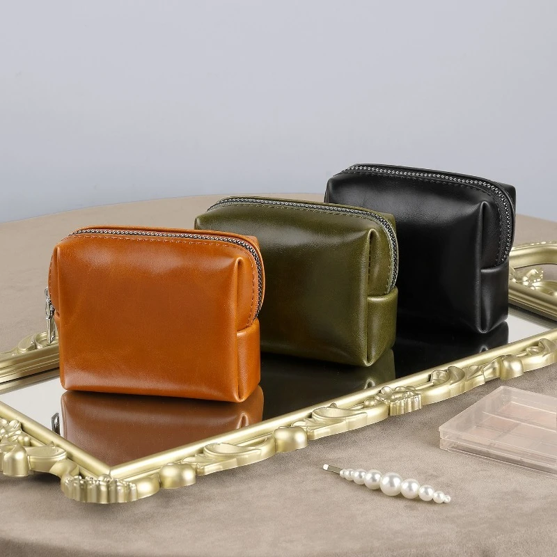 Vintage Faux Leather Mini Cosmetic Bag Women Portable Travel Makeup Pouch Korean Style Multicolor Zipper Small Storage Purse
