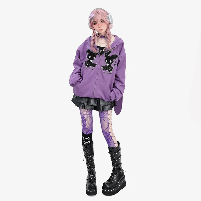 Japanese Sweet Cool Girl Y2K Flocking Hooded Ears Zipper Hoodies Tops Loose Casual Fashion Long Sleeve Sweatshirt Women Autumn