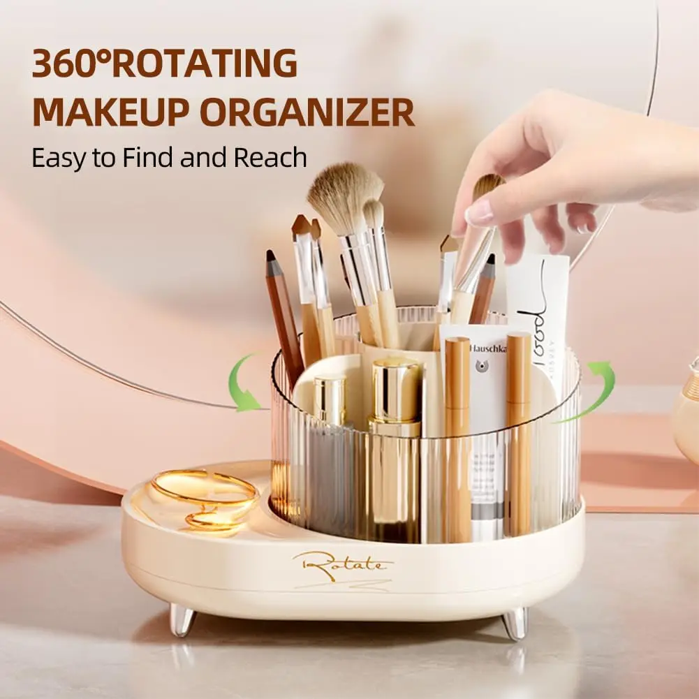 

360° Rotating Makeup Organizer Countertop,7 Slot Clear Spinning Make up Brushes Desktop Storage Box Holder for Vanity