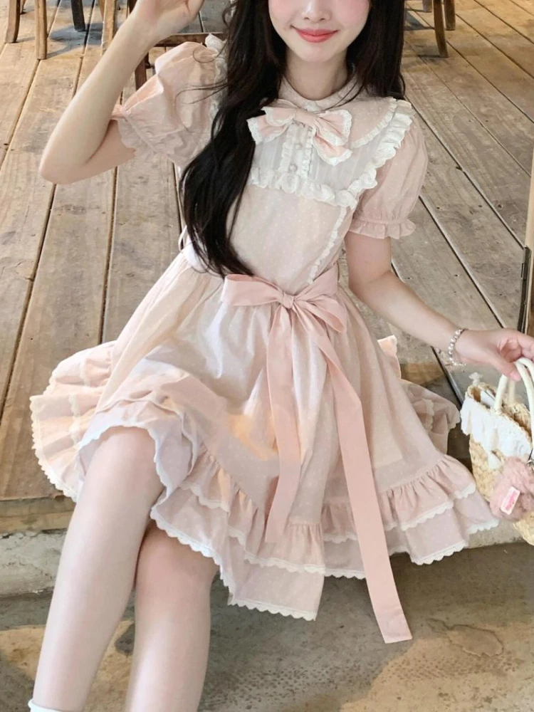 Letnia Słodka Różowa Sukienka z Bufiastymi Rękawami i Kokardą Damska Projekt Casual Nowe Sukienki Patchwork Elegancka Nowa Moda Sukienki Krótkie w Linii A