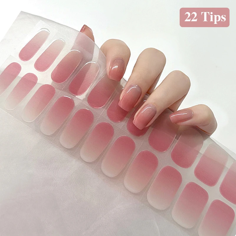 20/22Tips Gradient Jelly Pink Semi Cured Gel Nail Strips Waterproof Self Adhesive Long Lasting Gel Polish Stickers For Nails DIY