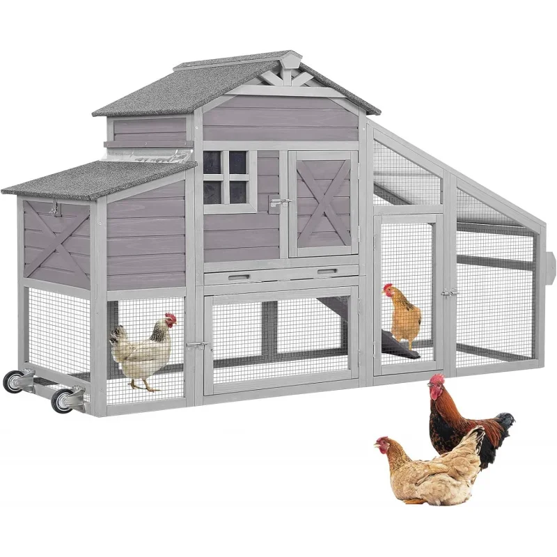 Chicken Coop Mobile Hen House Large 73 Expandable Wooden Poultry Cage Wheels, , Leakproof Pull-on Tray and-Resistant