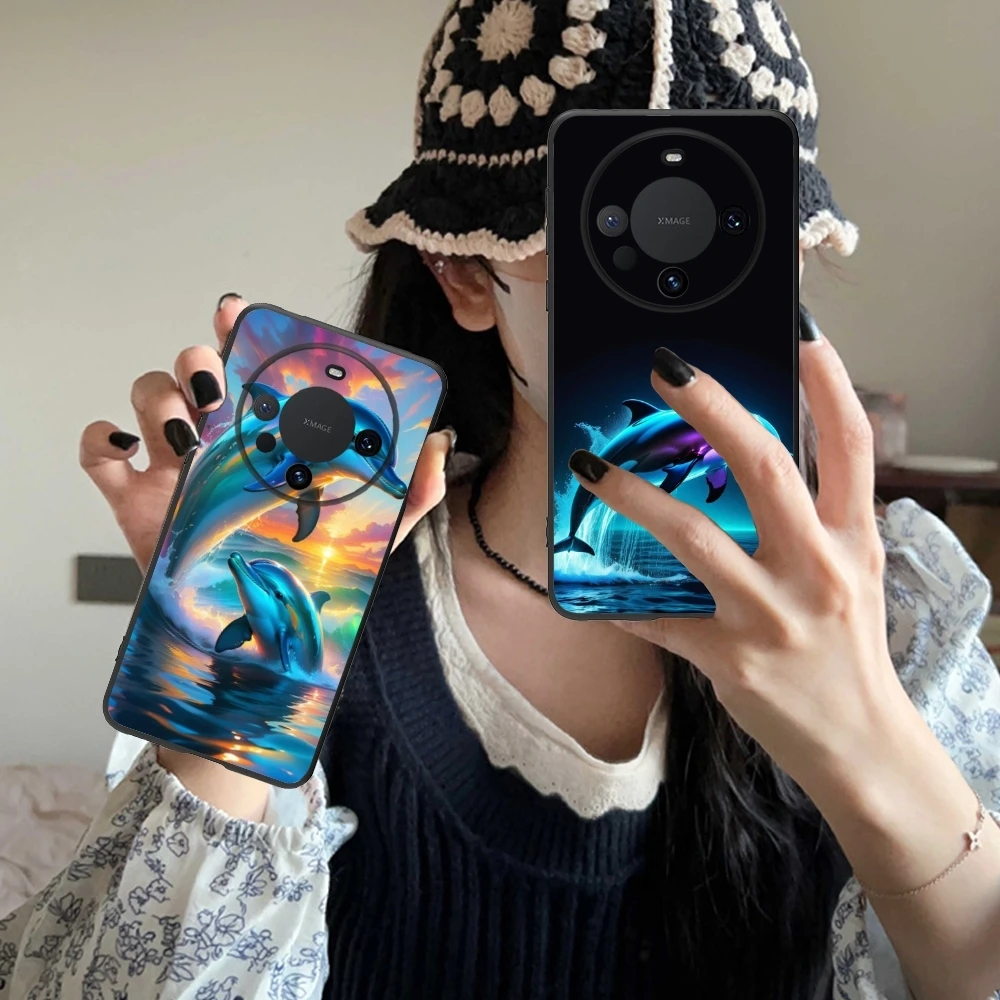 Dolphin Painting Mobile Cell Phone Case for Huawei Mate 60 50 40 30 20 10 Pro Plus Lite E 5G Black Soft Phone Cover Shell