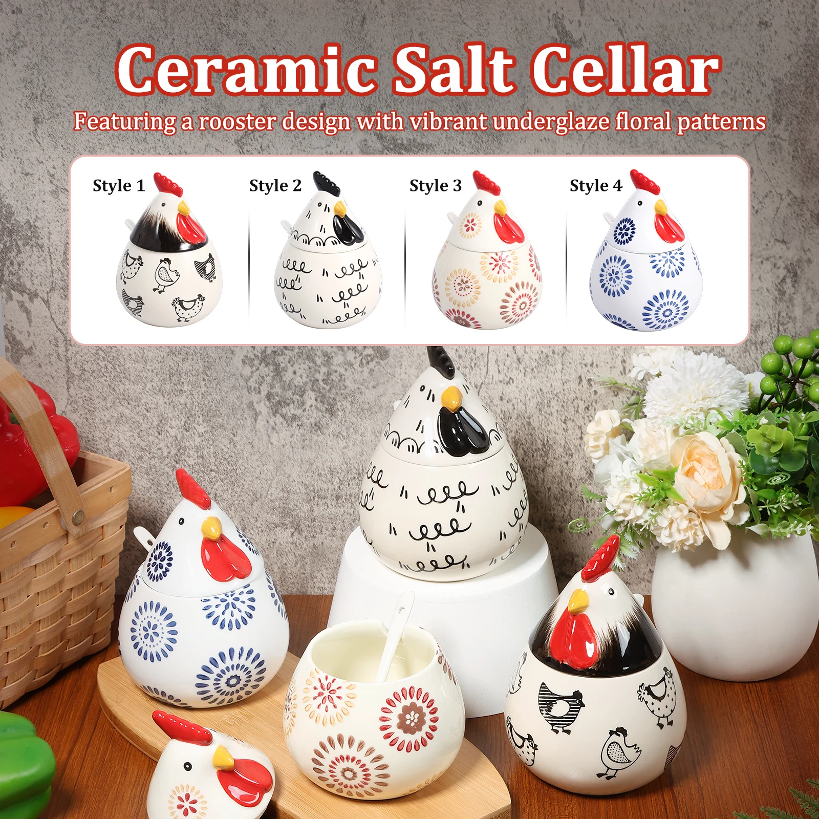 Salero de Cerámica con Diseño de Pollo, Recipiente para Sal de Cocina, para Mostrador, Café, Azúcar, Especias y Dulces, Contenedores para Sal