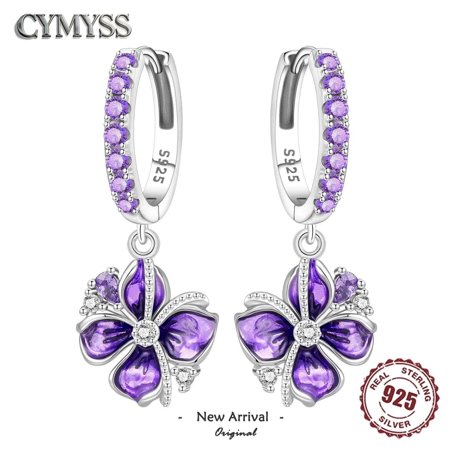 Original 925 Sterling Silber Ohrring Exquisiter Lila Blumen-Luci Vierblättriger Kleeblatt-Ohrring für Damen Party Geburtstag Schmuck Geschenk