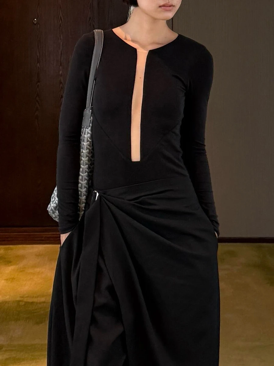 TWOTWINSTYLE الصلبة الحد الأدنى المألوف Playsuit للنساء الرقبة العميقة طويلة الأكمام التخسيس مثير مزاجه بلايسوت الإناث
