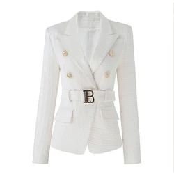 Manteau blazer en velours à double boutonnage pour femme, veste à manches longues, ceinture noire mince, vêtements d'extérieur formels imbibés, haute qualité