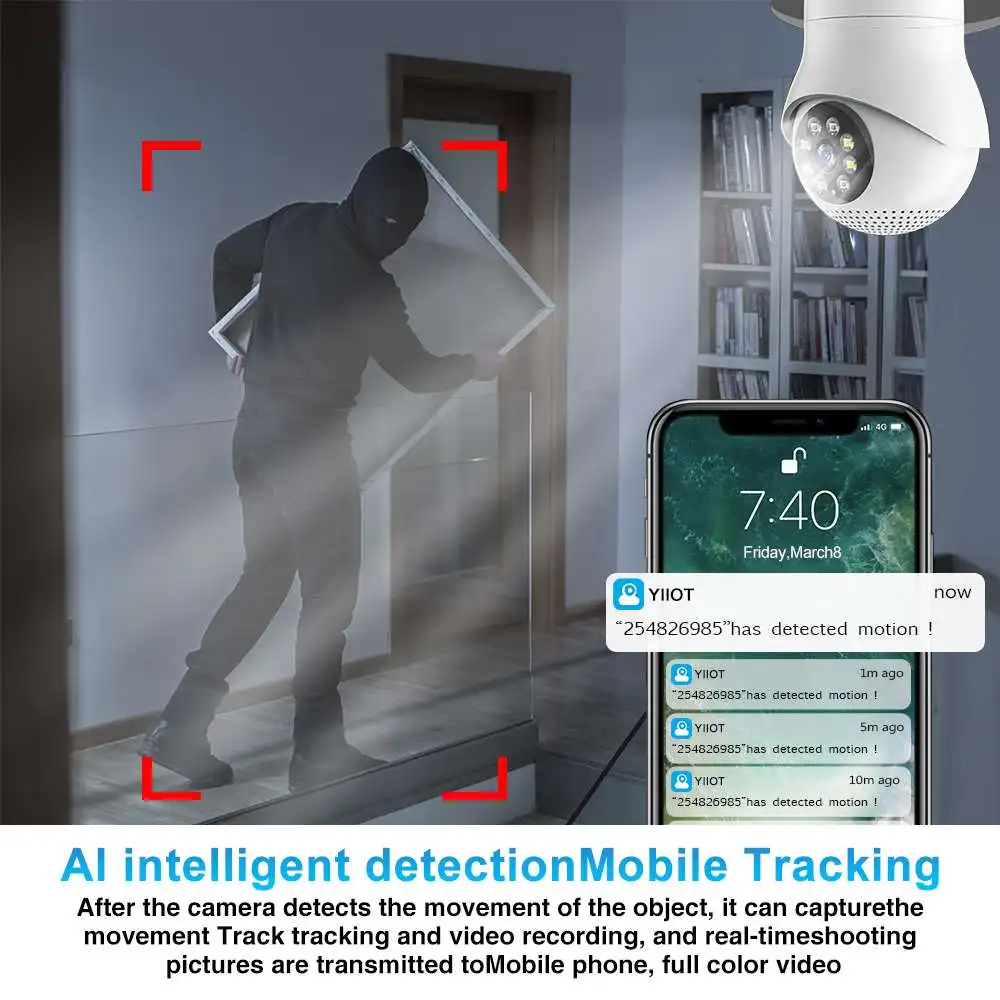 Câmera de Bulbo WiFi IP com Suporte de Lâmpada, Visão Noturna Sem Fio, Detecção de Movimento de Cor, Áudio Bidirecional, AP Hotspot Video Player, 5G, 1080P