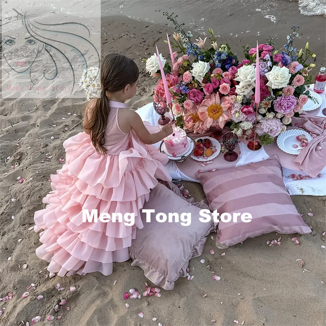 

Princess Flower Girl Dress For Wedding Light Pink Layered Ruffles Sleeveless Child First Eucharistic Birthday Party Dress