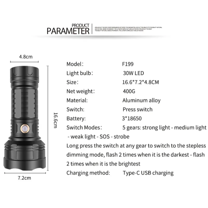 LED Flashlight TYPE-C Charging Spotlight Fixed Focus with Low Battery Reminder Ultra Bright White Laser Flashlight