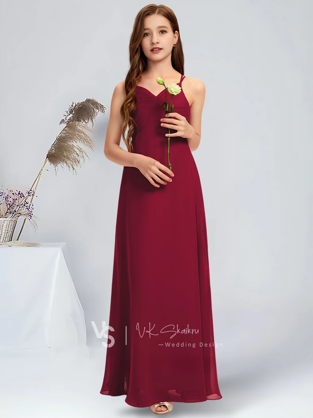 IOL A-Line V-Neck Floor-Length Chiffon Junior Bridesmaid Dress Blue Flower Girl Dress For Wedding Party Girls Formal Dress