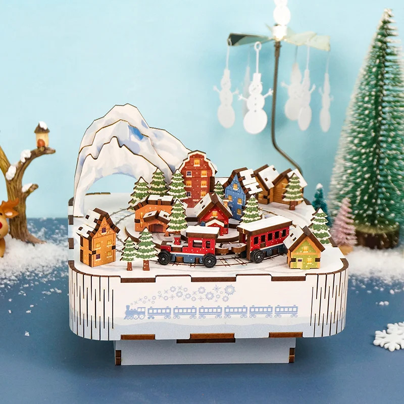 Fai da te 3D in legno natale Snow Train carillon kit modello in miniatura puzzle possono muoversi per i regali dei bambini decorazione della casa