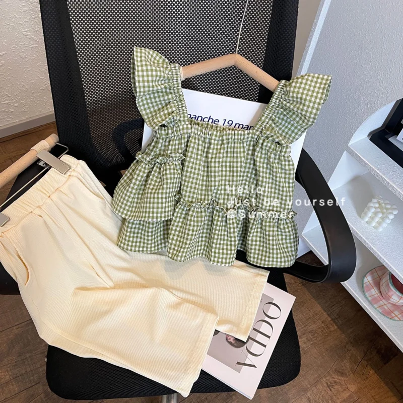 

Girls' Summer Outfit New Plaid Strap Vest+Two-Piece Loose Pants Set