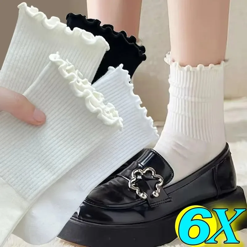 1/2/3 pares de algodão babados meias tornozelo feminino lolita bonito kawaii coreano meia menina primavera preto branco tubo médio japonês sox