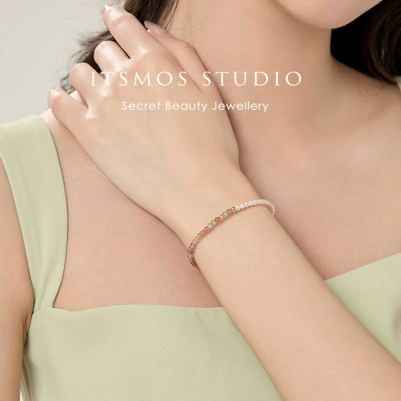 

ITSMOS Изящный эластичный браслет с турмалином и жемчугом, минималистичный драгоценный камень, ювелирные изделия из золота 14 карат, нежный штабелируемый браслет, подарок для женщин