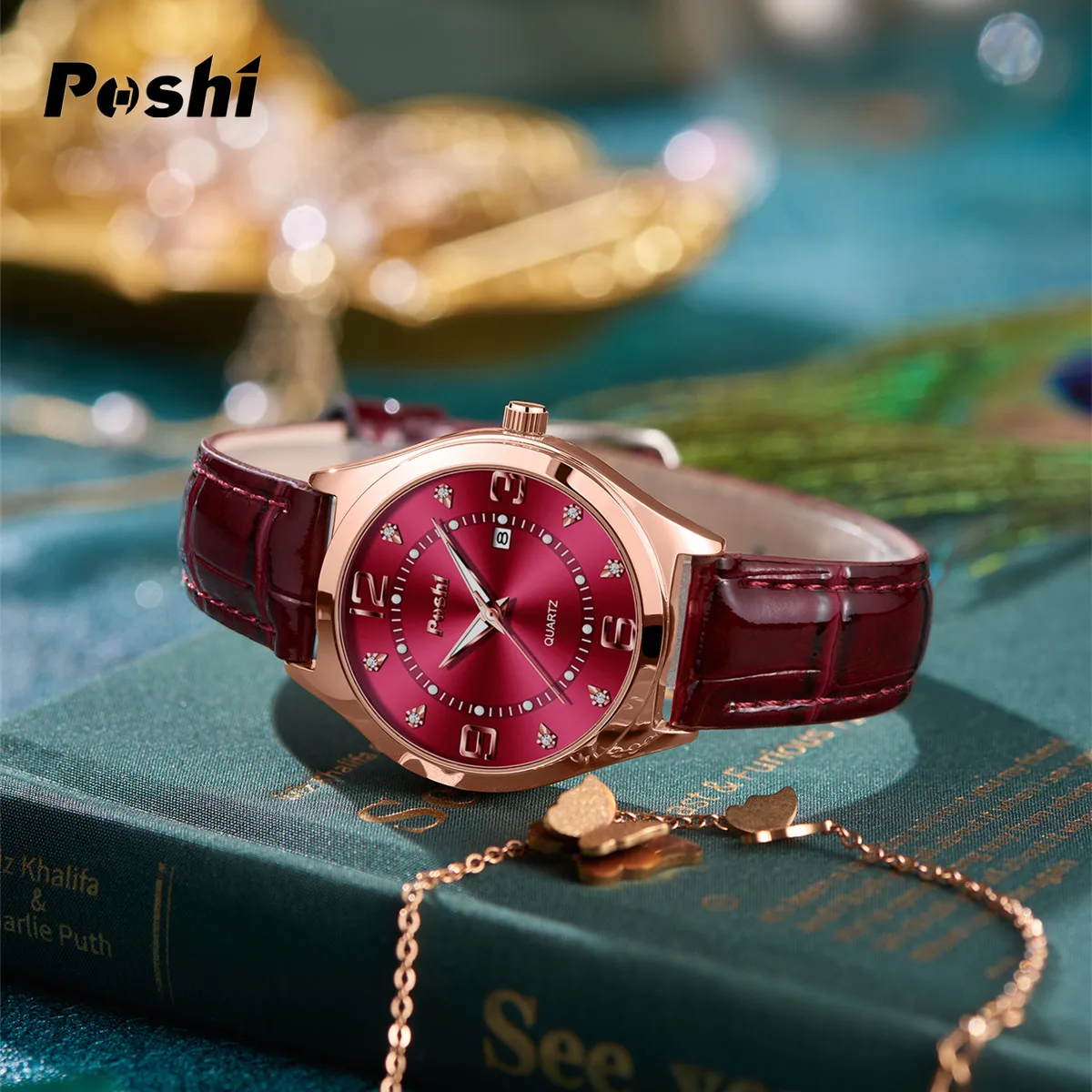 POSHI 972 Fashion Quartz Watch Casual Ladies Dress Wristwatch Leather Strap With Date Life Waterproof Original Watches Girls