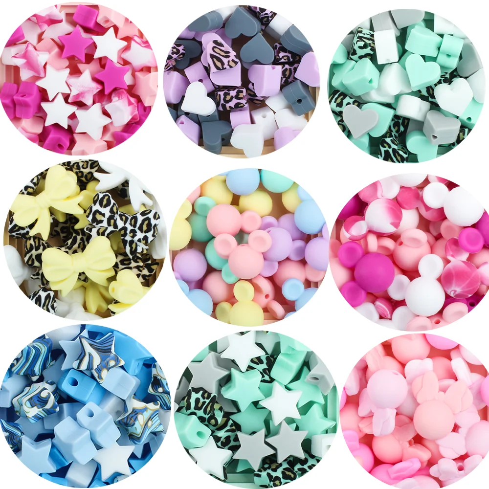 10Pcs Heart Star Bow Tie Silicone Beads Prints Food Grade For Jewelry Making DIY Bracelet Necklace KeyChain Chain Accessories