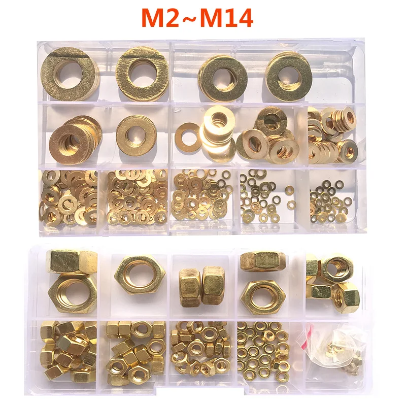 Brass Hex Hexagon Nut Brass Flat Washer Set M2-M14 Metric Brass Plain Washer Flat Gasket Fastener Pure Copper Ring for Screw