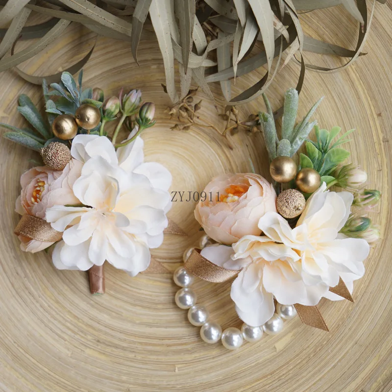 *الشمبانيا المعصم الصدار وصيفه الشرف العريس الأخوات أساور الشريط اليد الزهور الاصطناعية الزفاف العروة حفلة موسيقية اكسسوارات