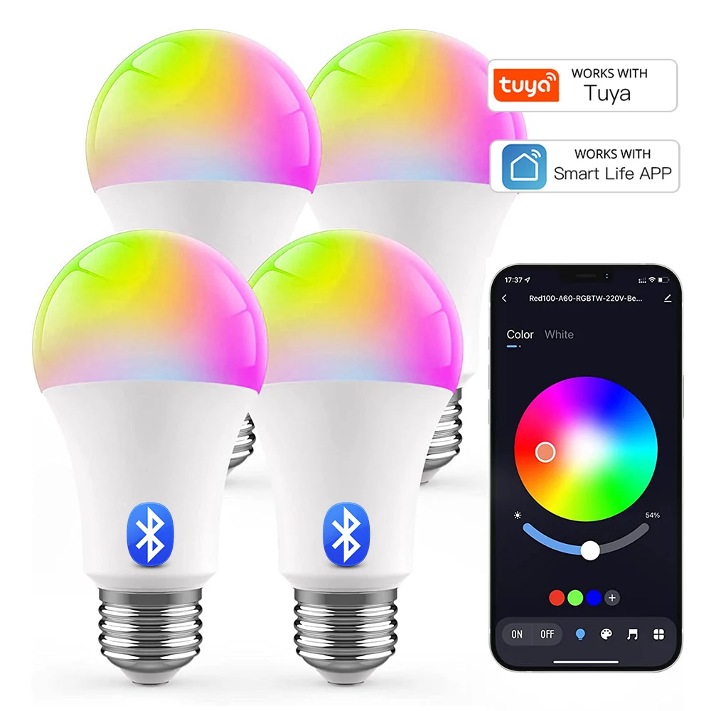 

15 Вт E27 Bluetooth светодиодная умная лампа RGB Tuya управление через приложение Регулируемая ампула RGB + CW + WW Светодиодная лампа меняющая цвет для детской вечевечерние НКИ