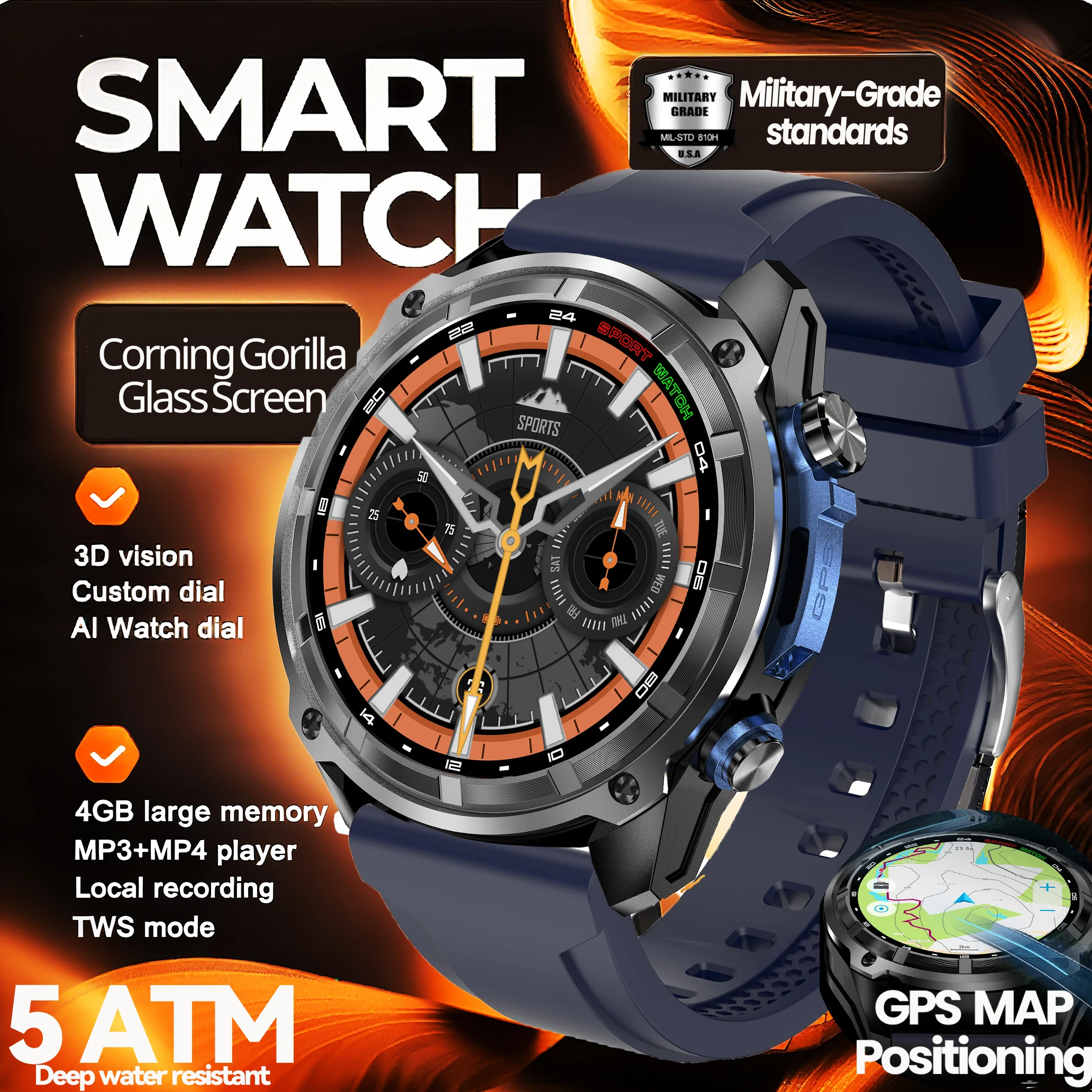 

2025 New T-Rex Tactical Smartwatch Built-in GPS Offline Map 4GB Memory 5ATM IP69K Swimming Waterproof Men Militray Smart Bracele