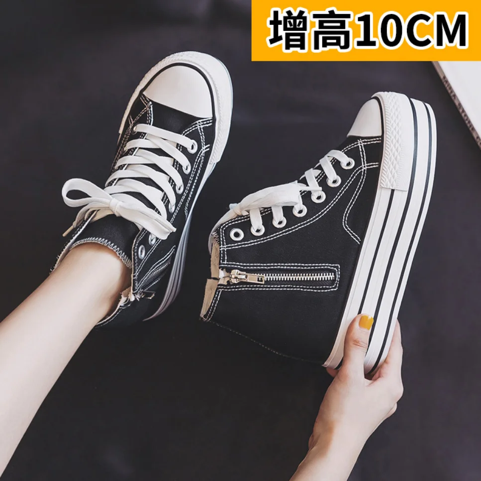 Sepatu kanvas 10CM peningkatan Internal untuk wanita, sepatu Sneaker Skateboard kasual ritsleting Korea semua Cocok musim gugur 2024