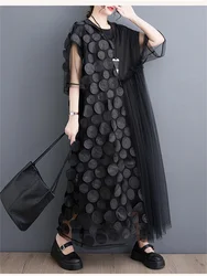 Oversized Summer New Fashion Sexy Lace Mesh Polka Dot Dress Korea Casual Loose Irregular Pullover Women Black Long Dresses