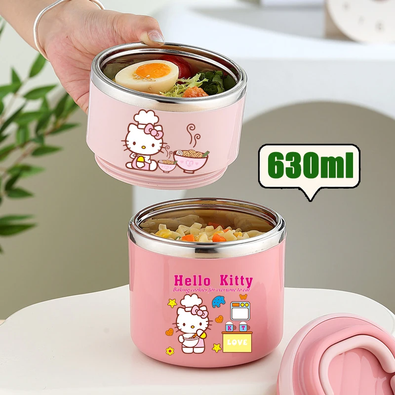 Tarro térmico de comida HelloKitty de 630ml, taza de sopa aislada, fiambrera de acero inoxidable con asa, caja Bento sellada portátil para regalo