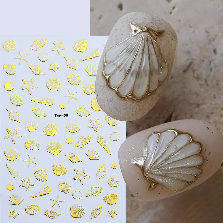 2 pcs Bronzing Ocean Starfish Seashell Nail Stickers Golden Multi-styled Scallop Conch Nail Charms Y2K Ocean Series Nail Foils