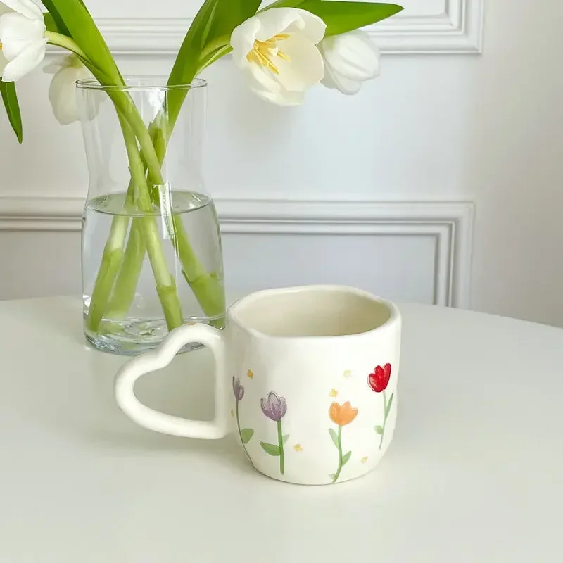 350ml Creative Ceramic Coffee Mug Ins Style Hand Painted Floral Hearts Hand Pinched Irregular Tea Milk Cup Breakfast Oatmeal Mug