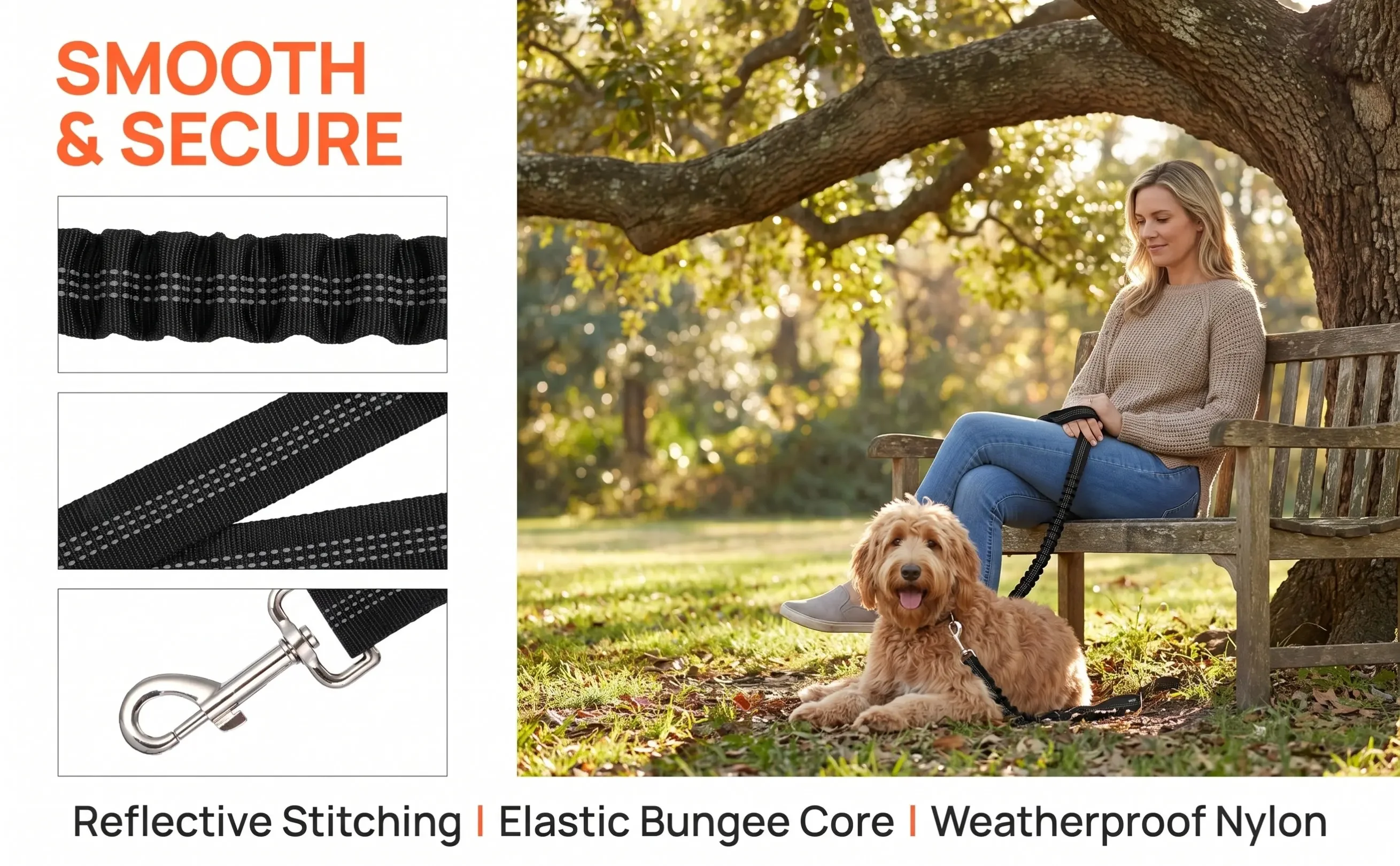 Sturdy Lightweight Reflective Dog Walking Extension Leash Nylon Bungee Elastic Lead for Jogging Training Hiking Backyard