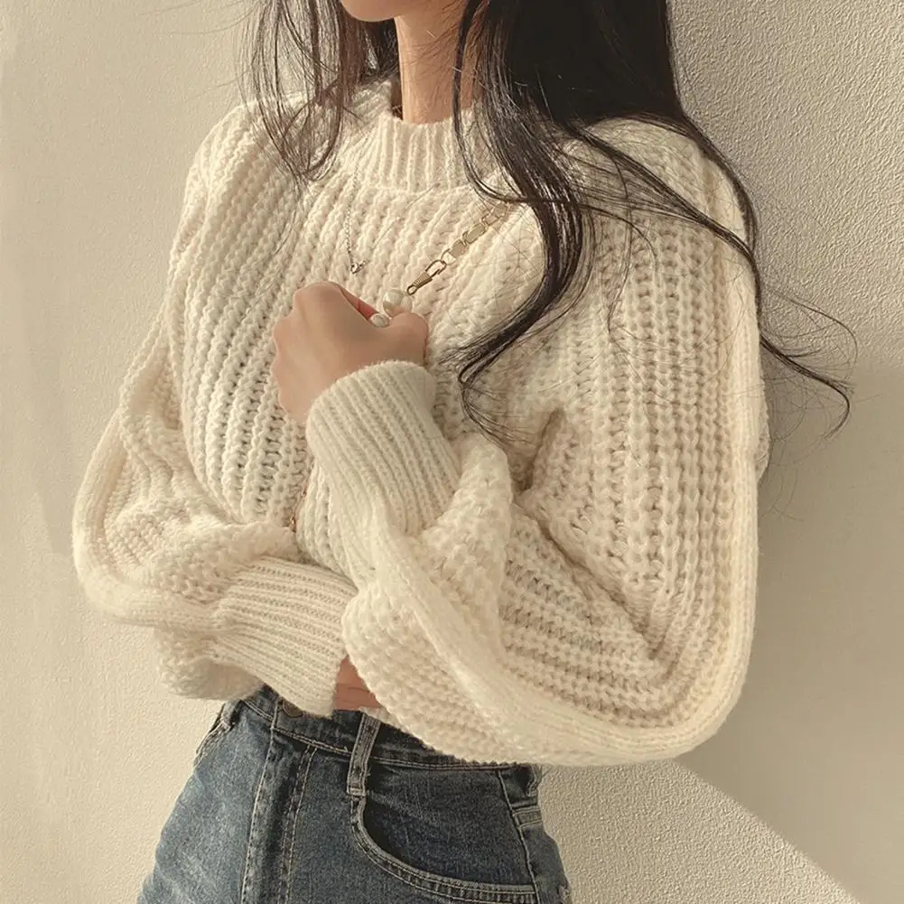 Autumn Winter Knitting Tops Round Neck Puff Long Sleeve Loose Fit Sweater Ribbed Trim Pullover Sweater