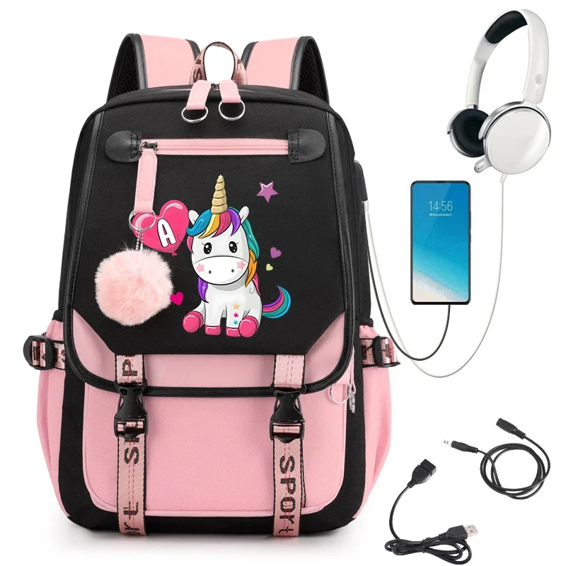 

School Backpacks for Young Boys and Girls Graphic Unicorn A-Z Alphabet College Harajuku Fashion Travel Rucksack Women Pink Bags