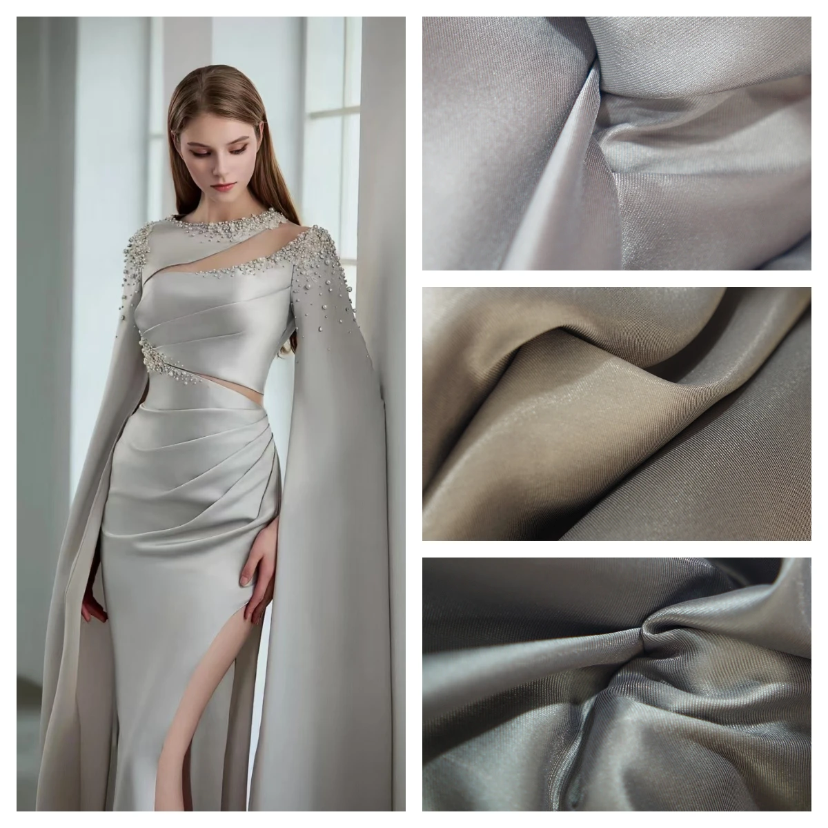 

Роскошная серая жесткая атласная ткань Mikado, ткань для вечернего свадебного платья, саржевый атлас, материал для шитья своими руками