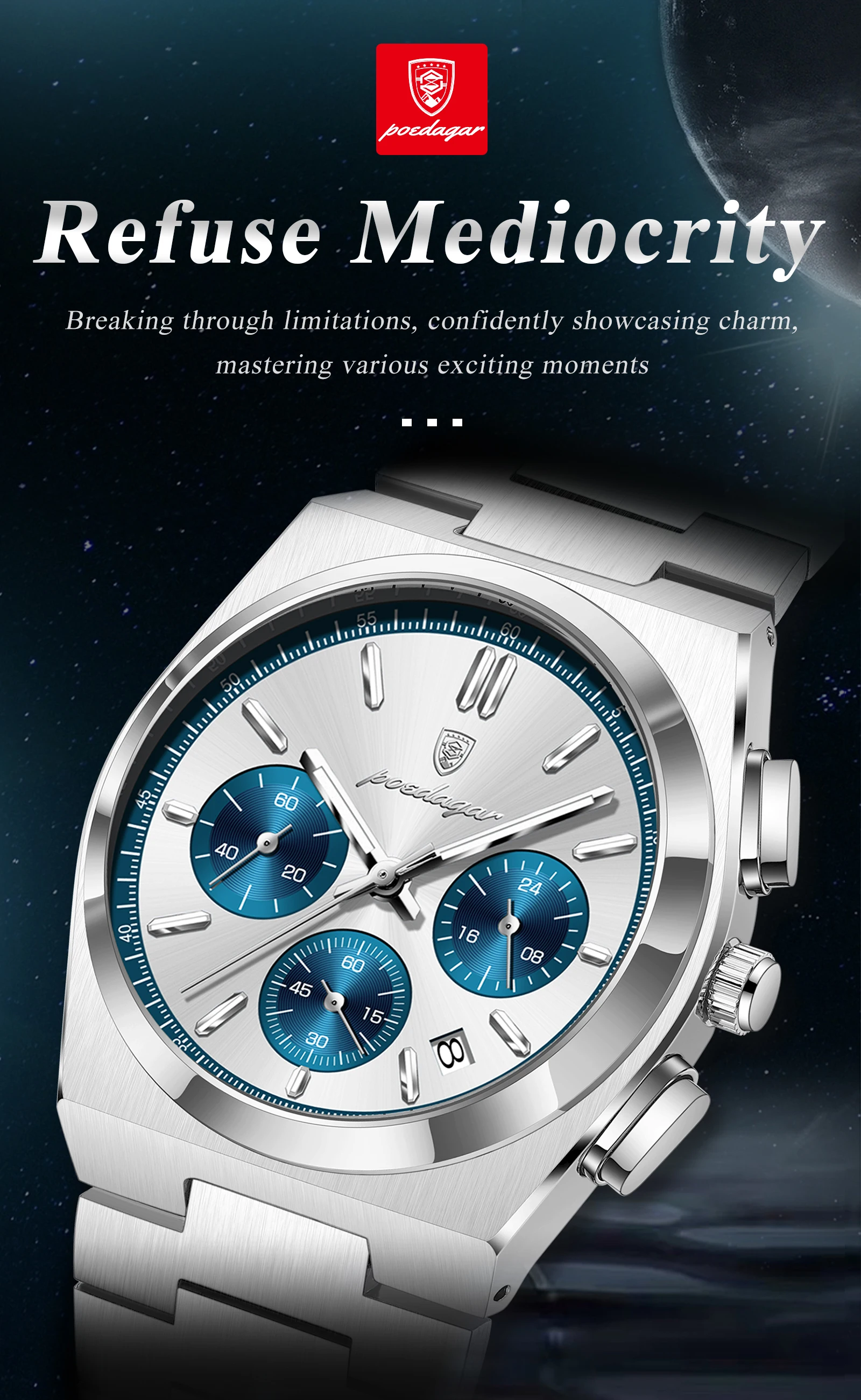 POEDAGAR Top Mode Mann Armbanduhr Chronograph Datum Edelstahl Business Männer Uhr Wasserdicht Leucht männer Quarz Uhren – Detail 2