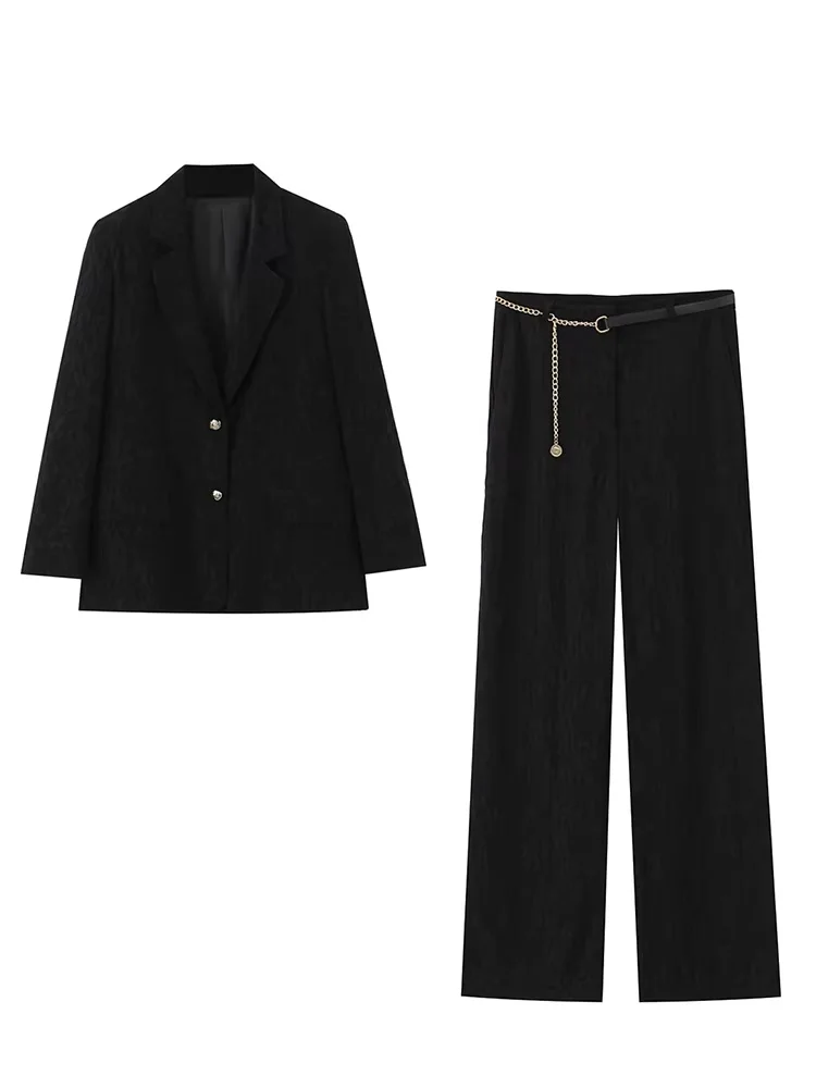 HH Women Fashion Pants Suit Long Sleeve Single-breasted Lapel Pocket Shoulder Pad Blazer Jacket+Zipper Chain Matching Pants