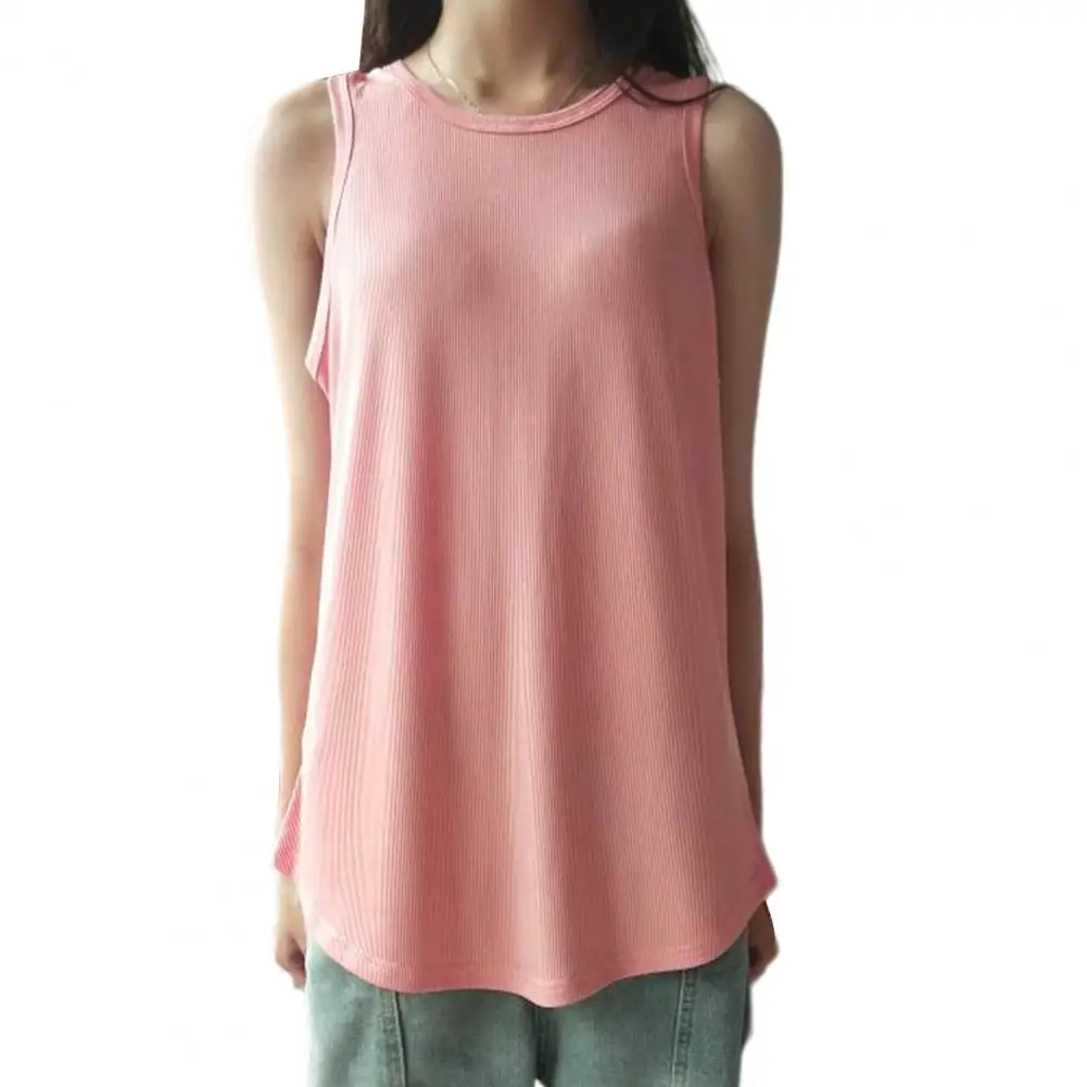 Women Vest Stylish Summer Tank Tops for Women Loose Fit O-neck Vest Streetwear Solid Color Pullover Mid-length Vest Round Neck