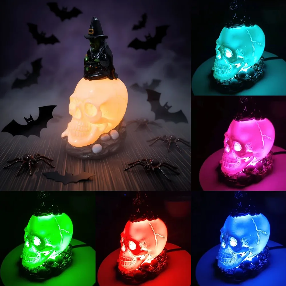 LED Illuminated Skull Witch Night, Light Halloween Resin Figurine Table, Lamp Spooky Party Home Decor, Ornament Atmosphere Light