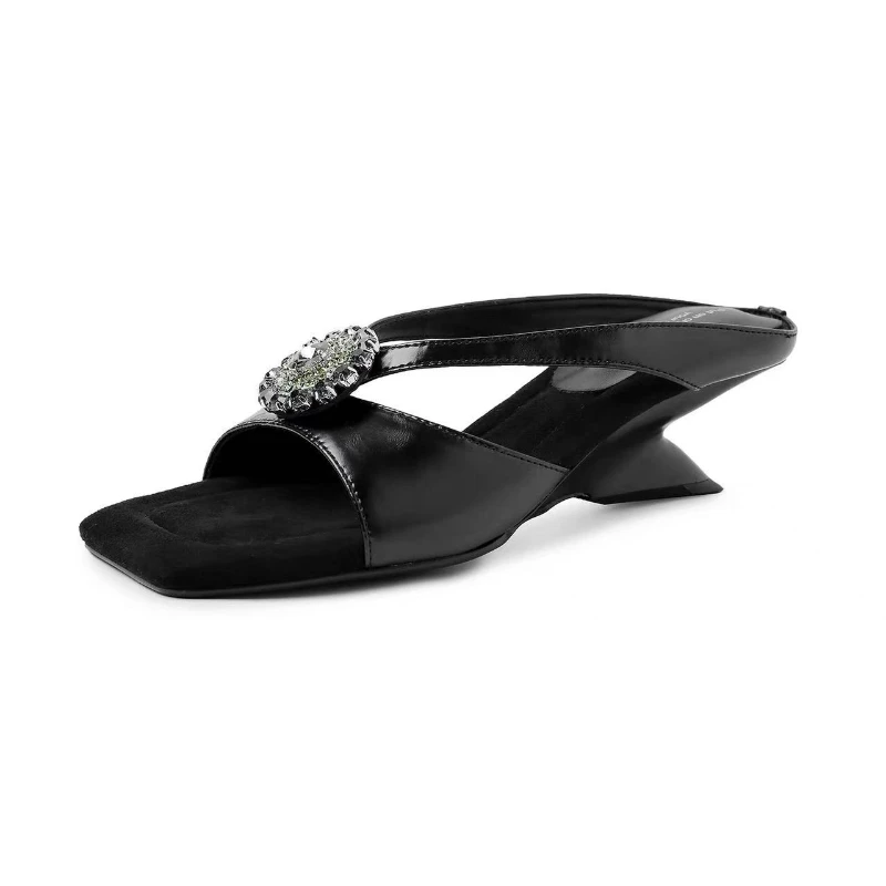 2026  Summer Open Toe Going Out Half Slippers  New Square Headpiece Diamond Bow Slip-on Anti-slip Wear-resistant Kitten Heels