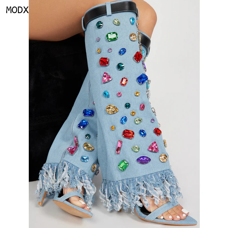 

2025 Crystal Decor Denim Lady Long Boots Sexy Fringe Pointed Toe Woman Knee High Boots Fashion Tassel Jean Sandals Boots 44