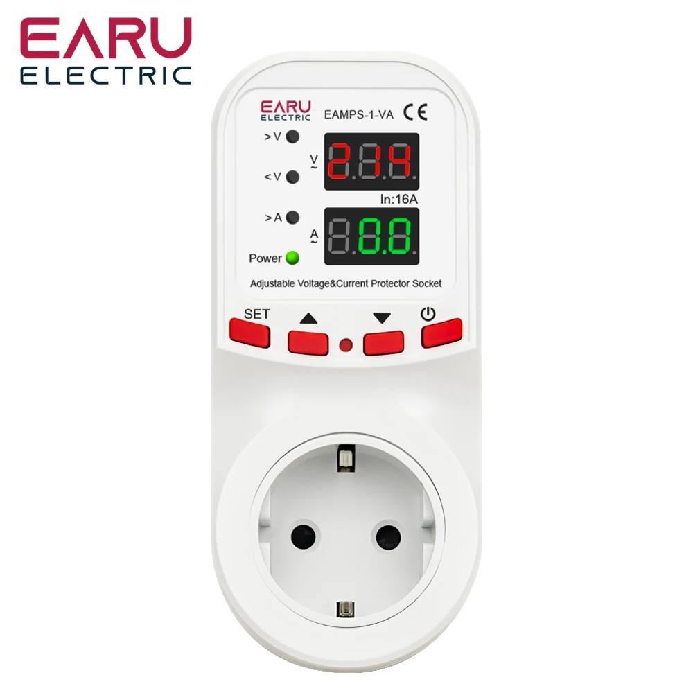 EARU Refrigerator Protector EU Socket Plug 16A AC 230V Adjustable Over Under Current Voltage Protector Meter Ammeter Voltmeter