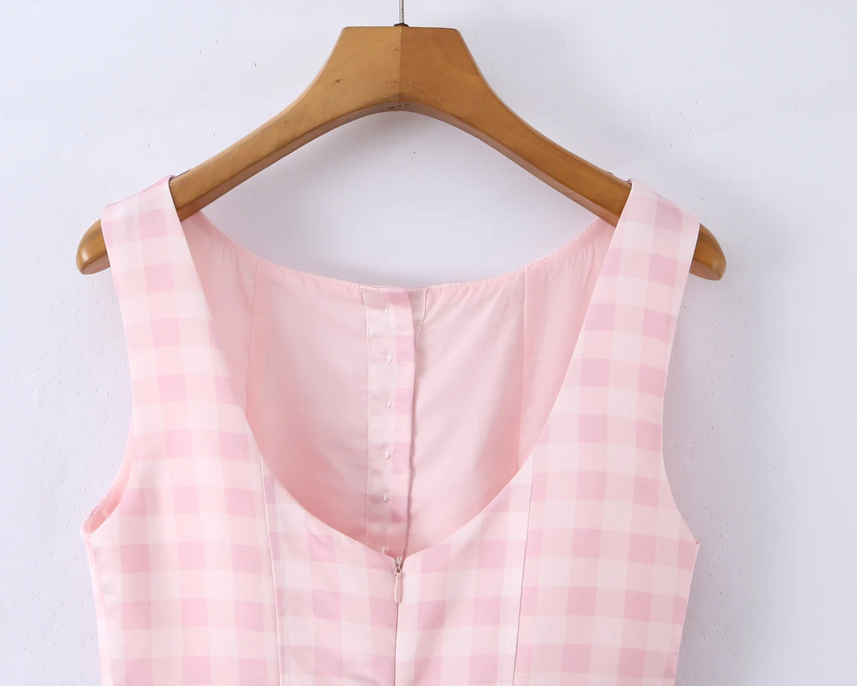 Sexy rosa vichy plaid vita bassa mini vestito dal carro armato donne bottoni aperti collo backless increspato orlo altalena abiti senza maniche abiti