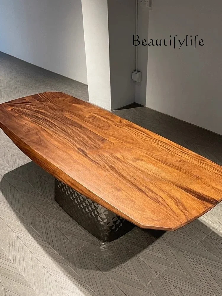 

simple retro log walnut color dining table Medieval solid wood rectangular dining table Nordic