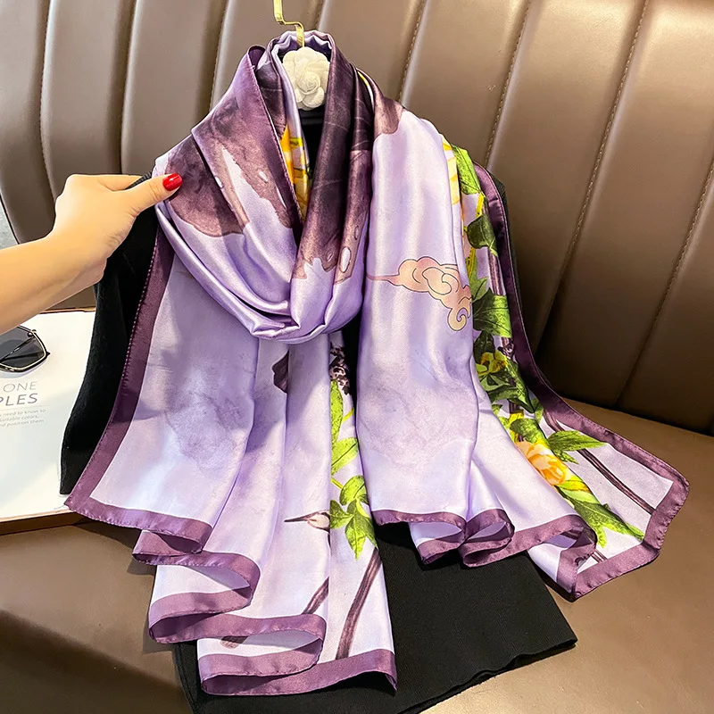 Spain Fashion Brand Women Silk Scarf Luxury Floral Stain Pashmina Shawls and Wraps Foulard Femme Bufandas Beach Hijab 180*90Cm