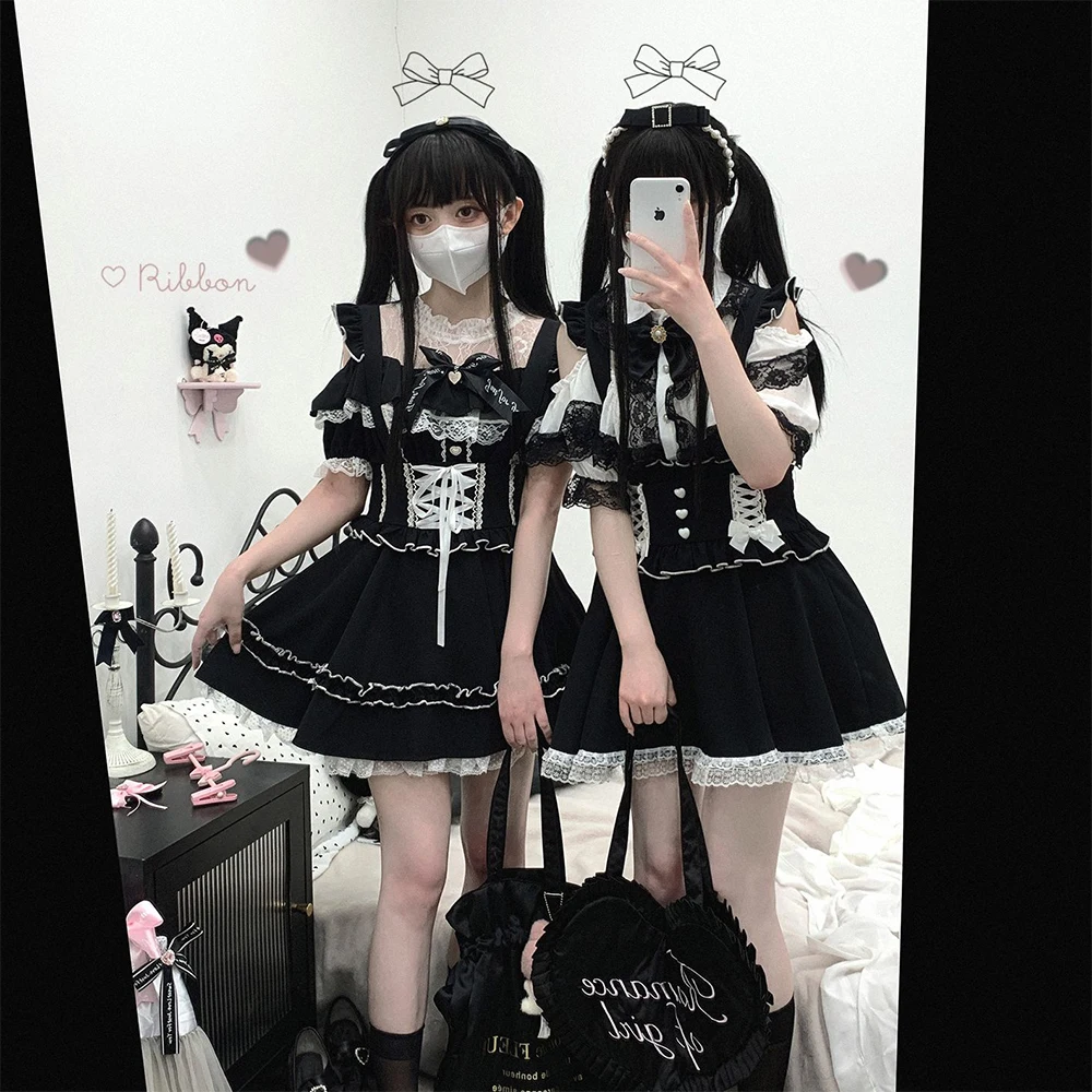Harajuku Summer Lolita Ribbon Tattoo Lace Solid Color Short Skirt Female Subculture Japanese Sweet Y2K 2000S Kawaii Mini Skirt