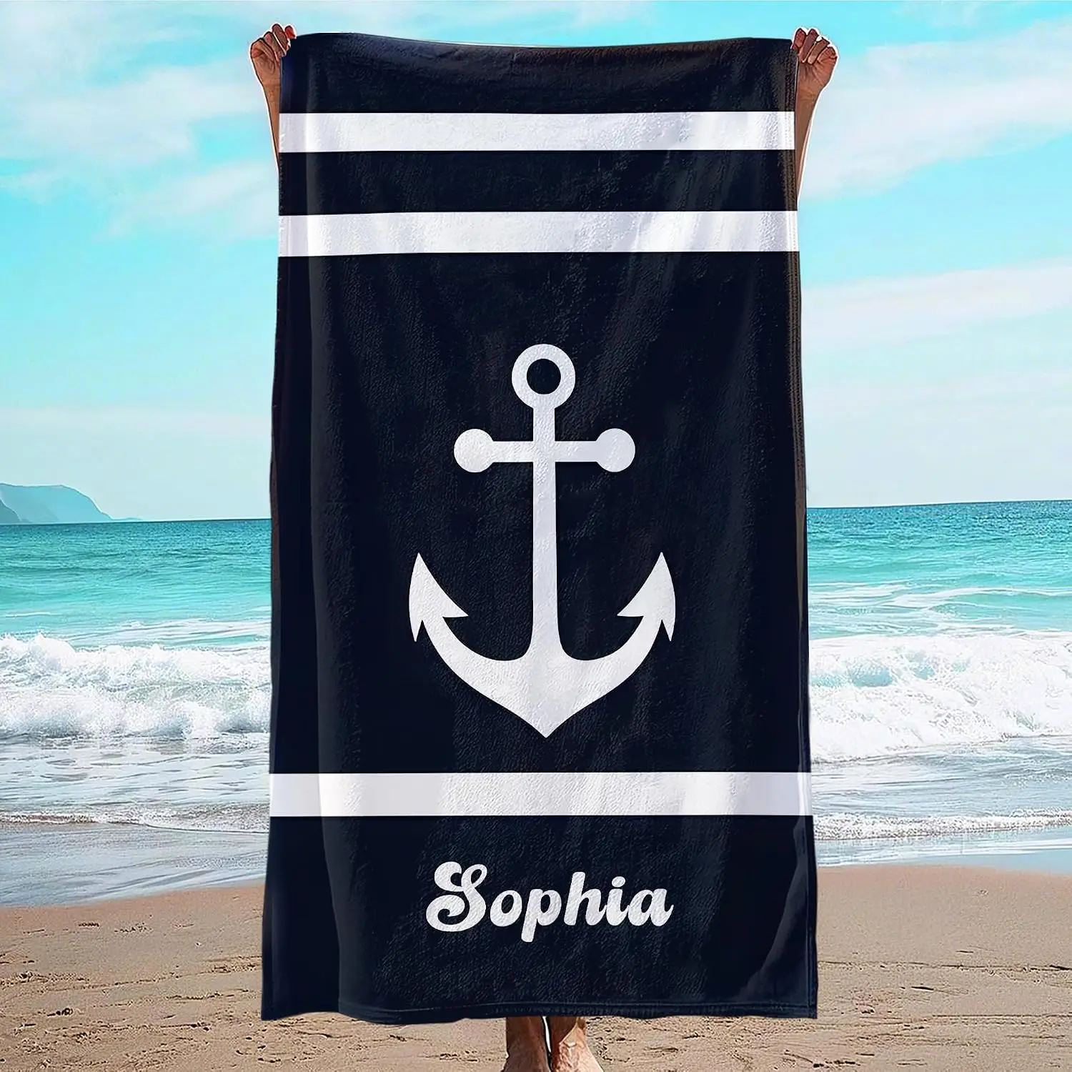 Personalized Nautical Anchor Beach Towel Coastal Summer Decor Black Polyester Bathing Gift Tropical Stripes Name Towel for Vacat